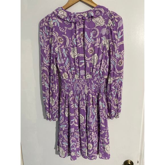 Haute Hippie mini dress women’s XS purple paisley smocked ruffle boho whimsical - Picture 2 of 6